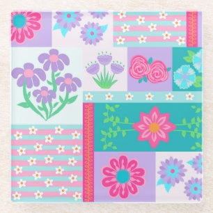 Vibrant Blooming Flowers Design Glass Coaster