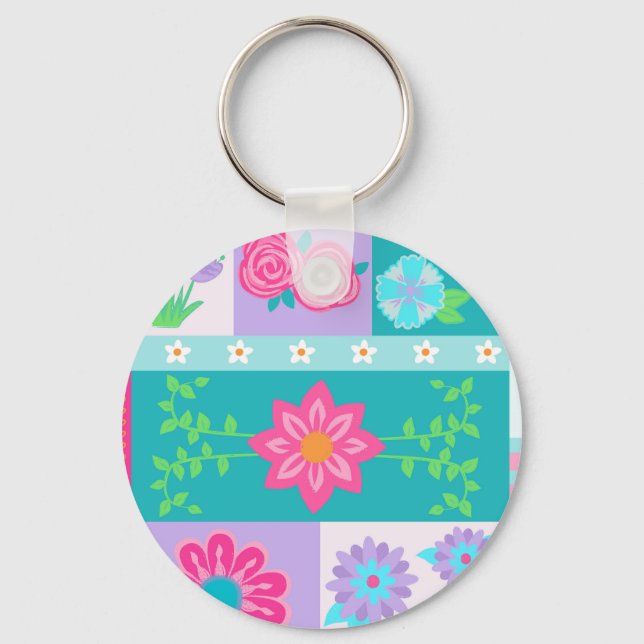 Vibrant Blooming Flowers Design Key Ring (Front)