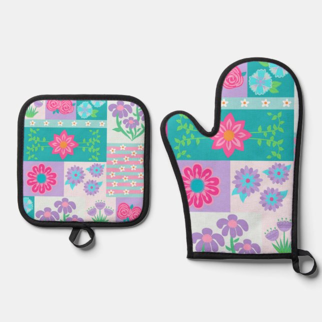 Vibrant Blooming Flowers Design Oven Mitt & Pot Holder Set (Front)