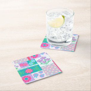 Vibrant Blooming Flowers Design Square Paper Coaster