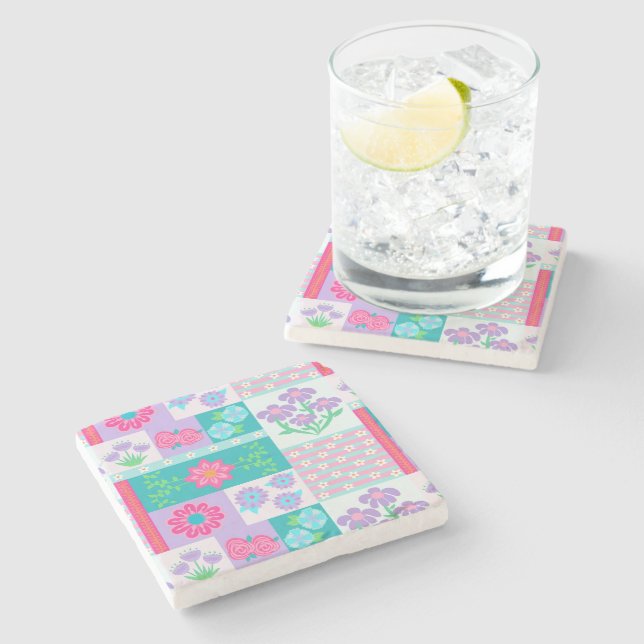 Vibrant Blooming Flowers Design Stone Coaster (Side)