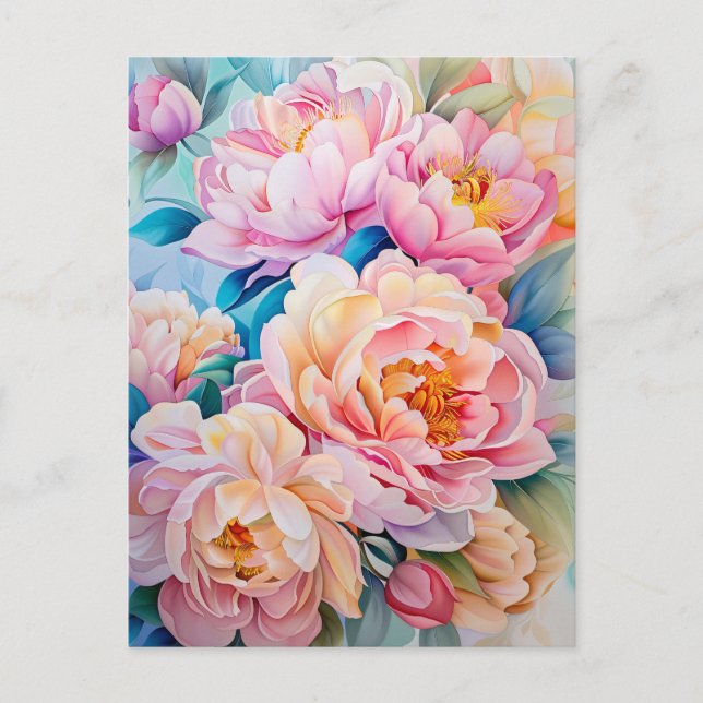 Vibrant Blooming Peonies in Soft Pastel Postcard (Front)