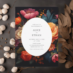 Vibrant Blooms Dark Botanical Wedding Invitation
