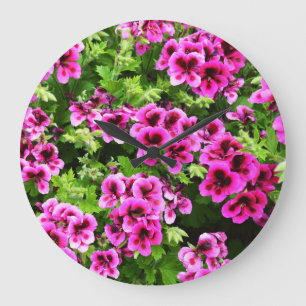 "Vibrant Blooms: Hot Pink Geraniums on Lush Bush Large Clock