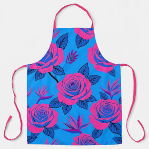 Vibrant Blue and Neon Pink Rose Apron