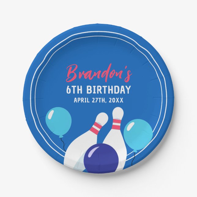 Vibrant Blue and Red Bowling 6th Birthday Paper Plate (Front)