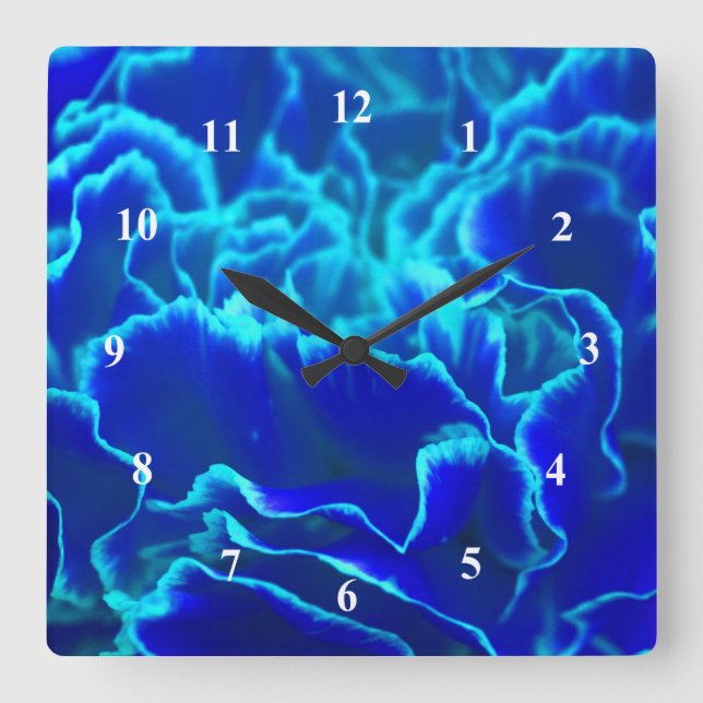 Vibrant Blue and Teal Carnation Flower Square Wall Clock (Front)