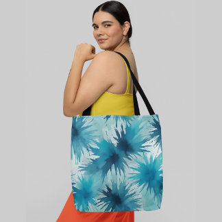 Vibrant blue and white abstract floral pattern tote bag