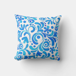 Vibrant Blue and White Watercolor Botanical Cushion