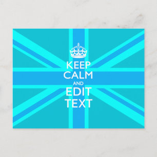 Vibrant Blue Aqua Keep Calm Your Text Union Jack Postcard