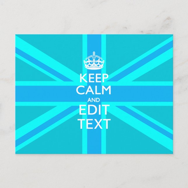 Vibrant Blue Aqua Keep Calm Your Text Union Jack Postcard (Front)