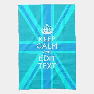Vibrant Blue Aqua Keep Calm Your Text Union Jack Tea Towel