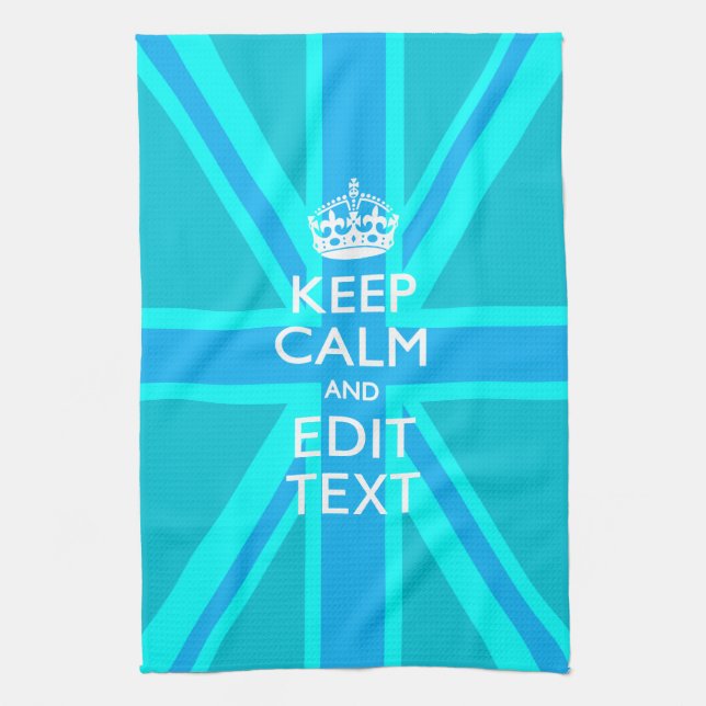 Vibrant Blue Aqua Keep Calm Your Text Union Jack Tea Towel (Vertical)