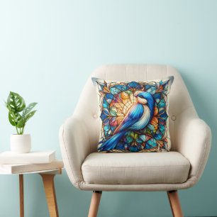Vibrant Blue Bird Perched on Flower Cushion