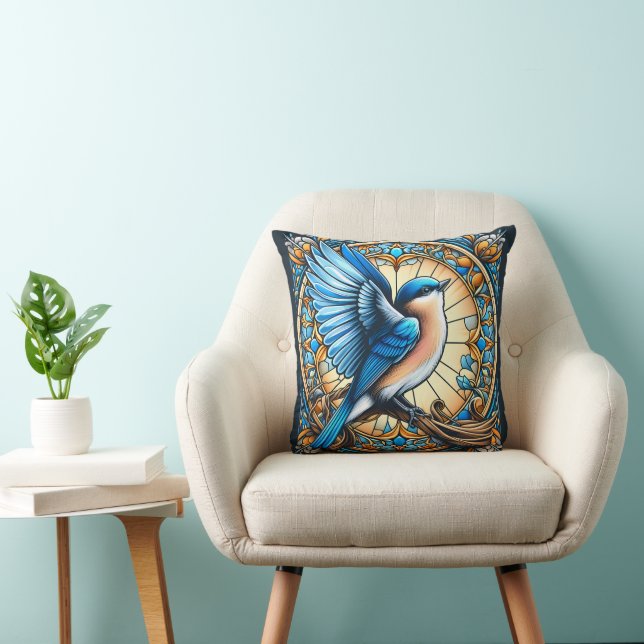 Vibrant Blue Bird Perched on Stained Glass Cushion (Chair)