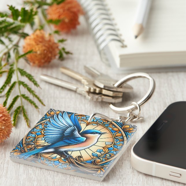 Vibrant Blue Bird Perched on Stained Glass Key Ring (Front Right)
