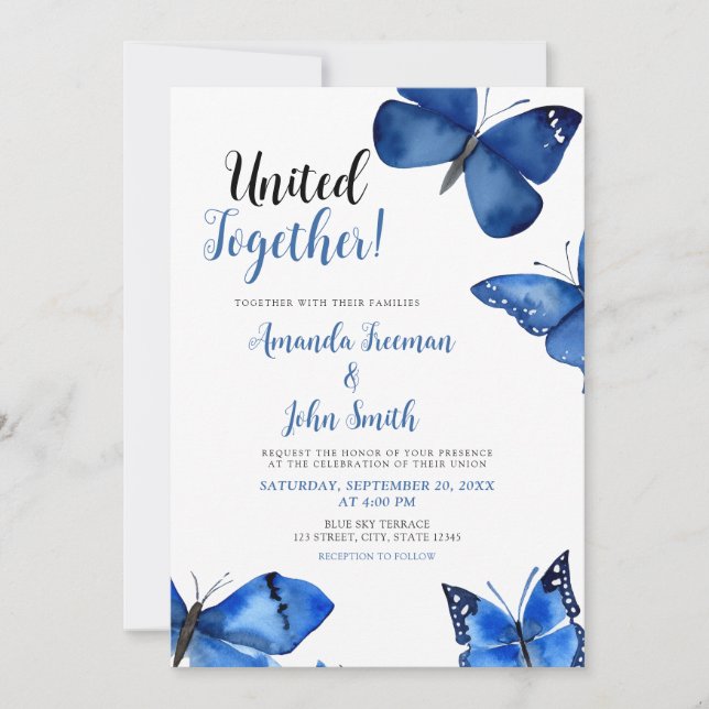 Vibrant Blue Butterflies Chic Wedding Invitation (Front)