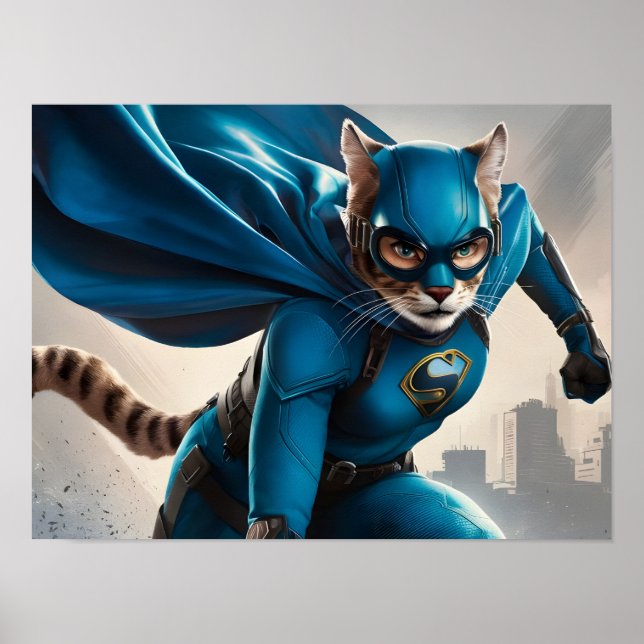 Vibrant Blue-Caped Feline Superhero with Goggles Poster (Front)