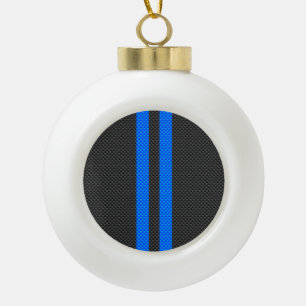 Vibrant Blue Carbon Fibre Style Racing Stripes Ceramic Ball Christmas Ornament