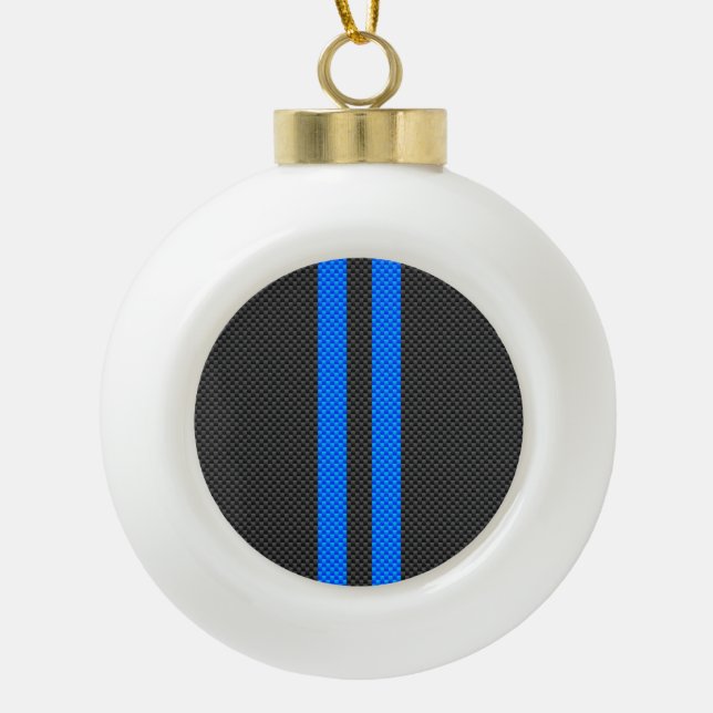 Vibrant Blue Carbon Fibre Style Racing Stripes Ceramic Ball Christmas Ornament (Front)