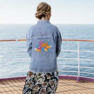 Vibrant Blue Cherry Blossoms Koi Fish Lotus Denim Jacket