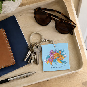Vibrant Blue Cherry Blossoms Koi Fish Lotus Key Ring