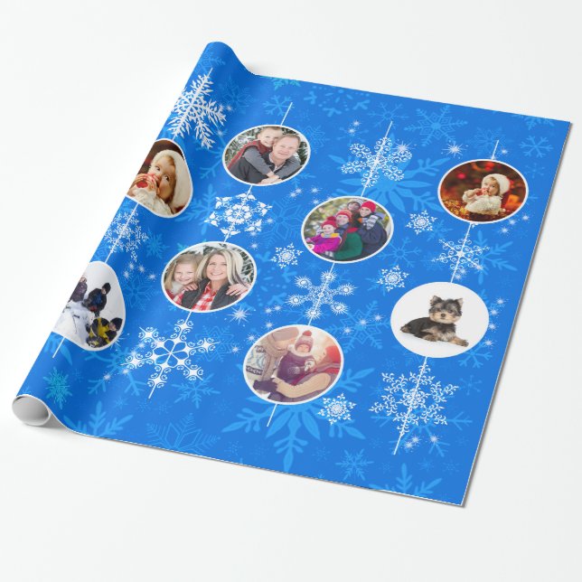Vibrant Blue Christmas or Hanukkah Family Photos Wrapping Paper (Unrolled)