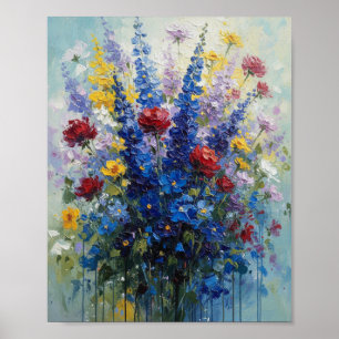 Vibrant Blue Delphinium and Red Rose Heavy Impasto Poster
