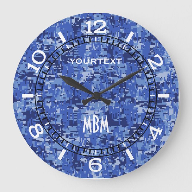 Vibrant Blue Digital Camo Camouflage Dial on a Large Clock (Front)