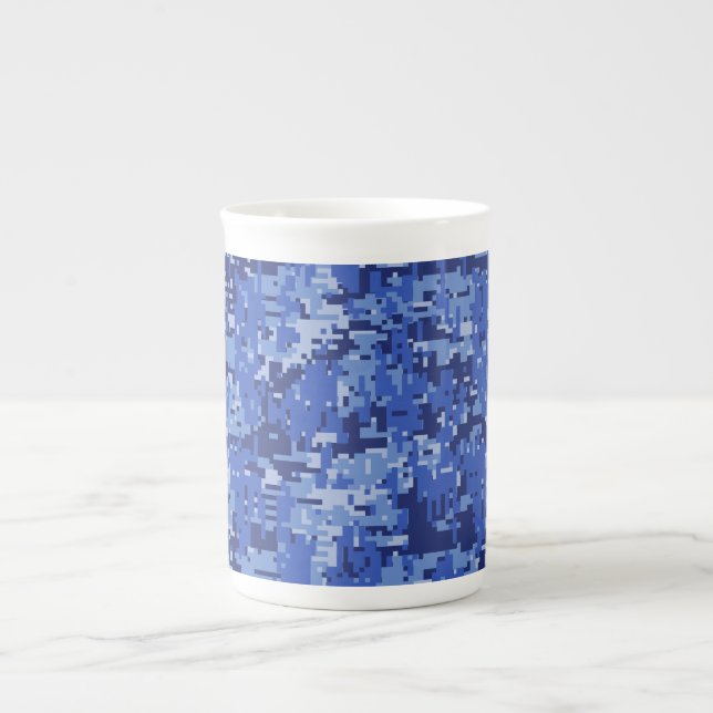 Vibrant Blue Digital Camo Camouflage Texture Bone China Mug (Front)