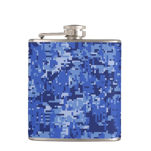 Vibrant Blue Digital Camo Camouflage Texture Hip Flask (Front)