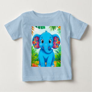 Vibrant Blue Elephant Cartoon in Tropical Jungle Baby T-Shirt