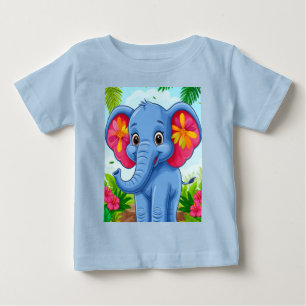 Vibrant Blue Elephant Cartoon in Tropical Jungle Baby T-Shirt