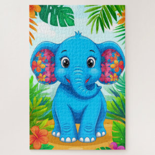 Vibrant Blue Elephant Cartoon in Tropical Jungle Jigsaw Puzzle