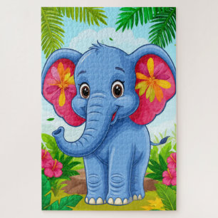 Vibrant Blue Elephant Cartoon in Tropical Jungle Jigsaw Puzzle
