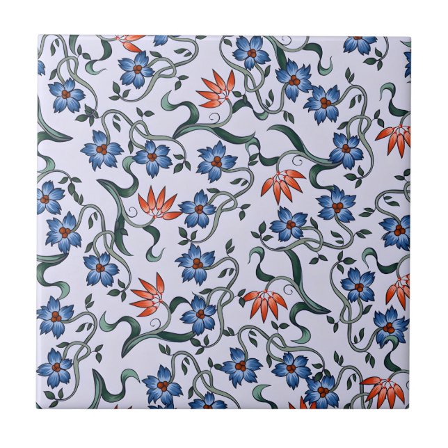  Vibrant Blue Floral Patterns with Green Vines Ceramic Tile (Front)