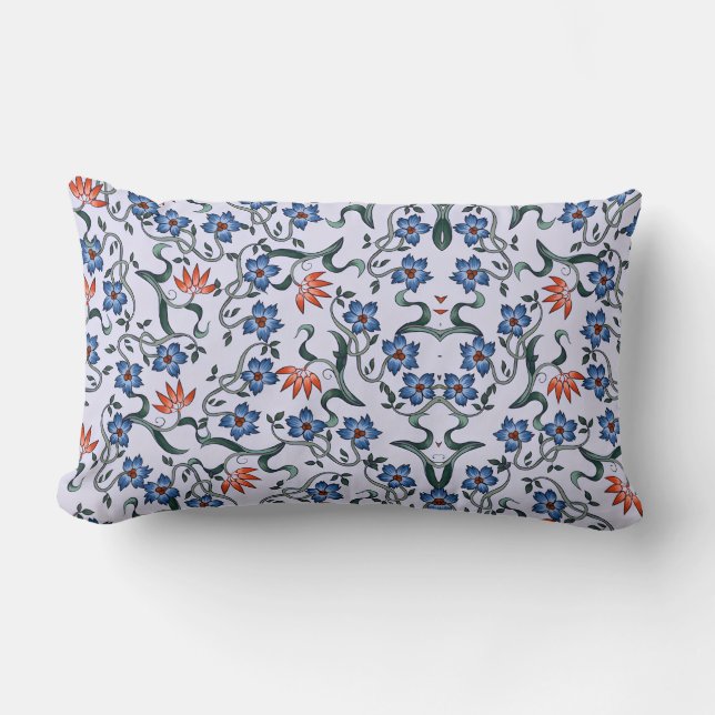  Vibrant Blue Floral Patterns with Green Vines Lumbar Cushion (Front)