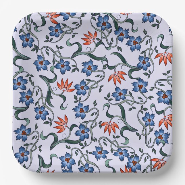  Vibrant Blue Floral Patterns with Green Vines Paper Plate (Front)