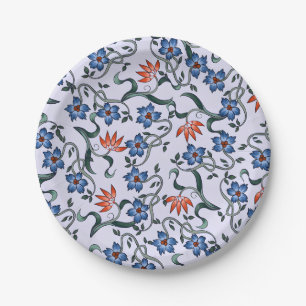 Vibrant Blue Floral Patterns with Green Vines Paper Plate