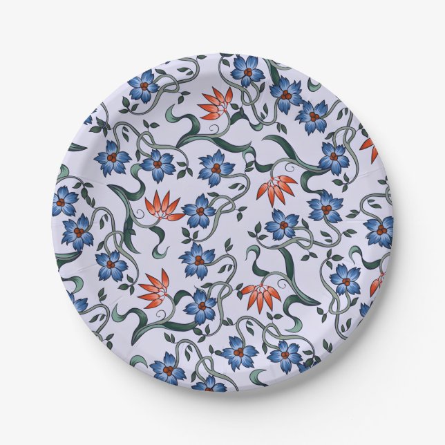  Vibrant Blue Floral Patterns with Green Vines Paper Plate (Front)