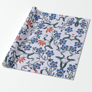 Vibrant Blue Floral Patterns with Green Vines Wrapping Paper