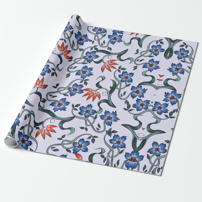  Vibrant Blue Floral Patterns with Green Vines Wrapping Paper (Unrolled)