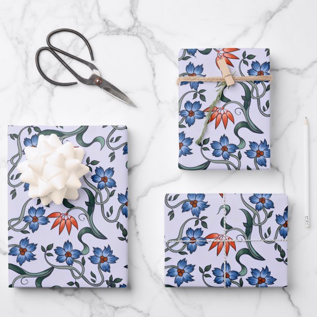  Vibrant Blue Floral Patterns with Green Vines Wrapping Paper Sheet (Front)