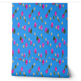 Vibrant Blue Floral Wallpaper | Pink Flower & Bud