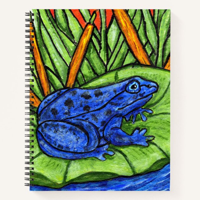 Vibrant Blue Frog on Lily Pad Water Grass Notebook (Front)