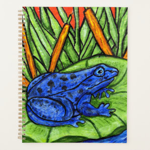 Vibrant Blue Frog Spots on Lily Pad Reed Plants Planner
