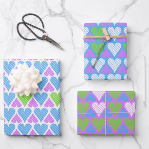 Vibrant Blue Green Purple Hearts Pattern Wrapping Paper Sheet
