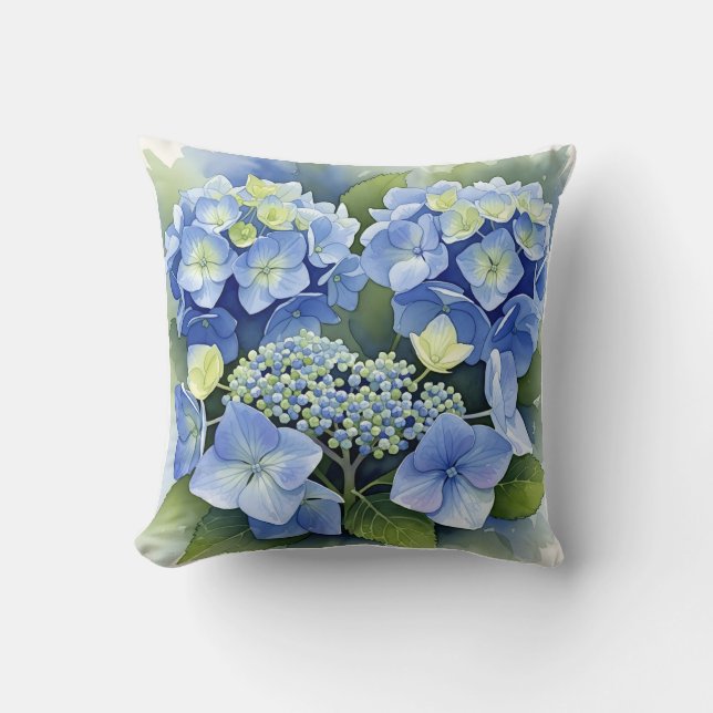 Vibrant Blue Hydrangea Watercolor  Decorative Cushion (Front)