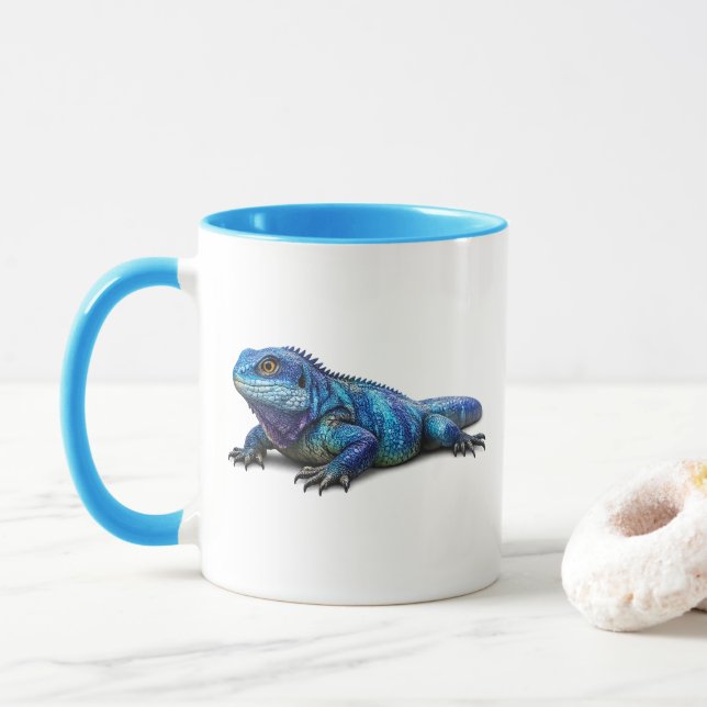 Vibrant Blue Iguana Lizard Graphic Two-Tone Mug (With Donut)