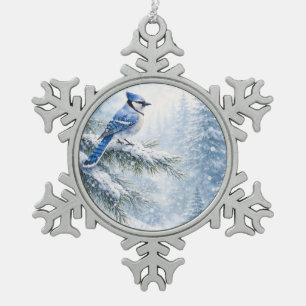Vibrant Blue Jay Bird in Snowy Winter Forest Water Snowflake Pewter Christmas Ornament